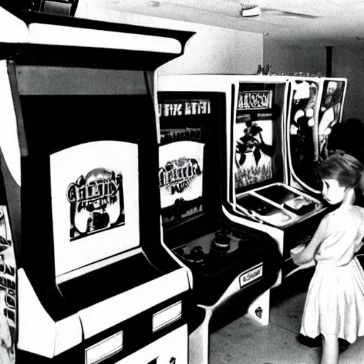 Prompt: geese playing arcade machines, 1 9 8 5