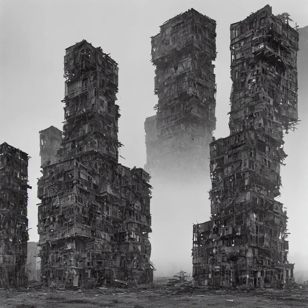 Prompt: two giant towers, made up of makeshift squatter shacks, misty, dystopia, mamiya rb 6 7, fully frontal view, very detailed, studio lighting, photographed by ansel adams