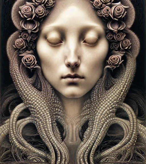 Image similar to detailed realistic beautiful rose goddess face portrait by jean delville, gustave dore, iris van herpen and marco mazzoni, art forms of nature by ernst haeckel, art nouveau, symbolist, visionary, gothic, neo - gothic, pre - raphaelite, fractal lace, intricate alien botanicals, ai biodiversity, surreality, hyperdetailed ultrasharp octane render