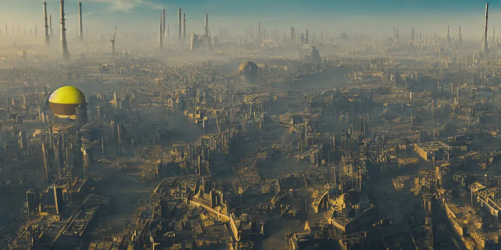 Prompt: a city that looks like coruscant, with a yellow green smog sky, cinematic lighting, blimps, power plants, factories, tall metal towers, muddy landscape in the distance, hd 4k photo