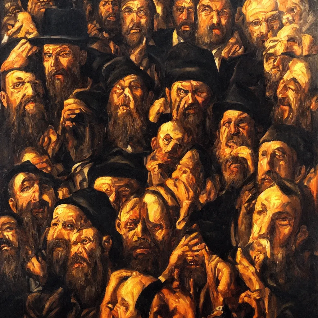 Prompt: oil painting by christian rex van minnen portrait of jewish chabad cult, extremely bizarre disturbing, intense chiaroscuro lighting perfect composition masterpiece intense emotion