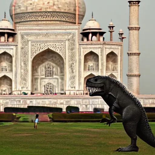 Prompt: a photo of t-rex roaming around the Taj Mahal long shot iso 100_