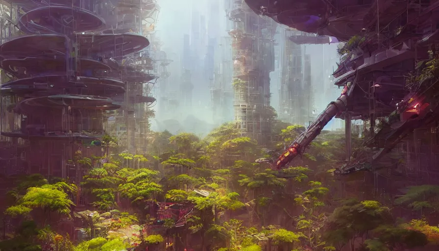 Prompt: craig mullins and ghibli digital illustration organized solarpunk tall vertical farms under an invisible force field, scifi hydroponics, astrophotography, colorful, unreal engine, hyper realism, realistic shading, cinematic composition, realistic render, octane render, detailed textures, photorealistic, wide shot