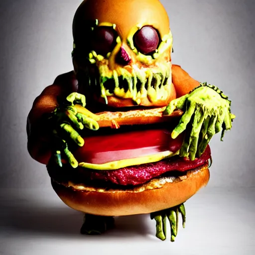 Image similar to a humanoid bipedal upright zombie that strongly resembles a hamburger, professional food photography