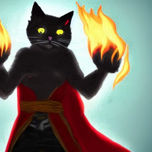 Image similar to cat Berserker, red glowing eyes, in magic armor, wearing red hoodie and torn cape, magic gathered in his chest, fire in background, D&D, fantasy, cinematic