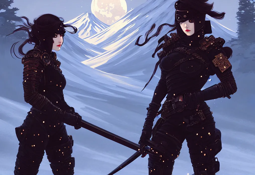 Image similar to portrait ninja gaiden girl, armored dieselpunk ninja wardrobe, at snowy fuji mountain moonlight, ssci - fi and fantasy, intricate and beautiful and elegant, digital painting, frostbite engine, artstation, concept art, smooth and sharp focus, illustration, art by tian zi and wlop and alphonse mucha