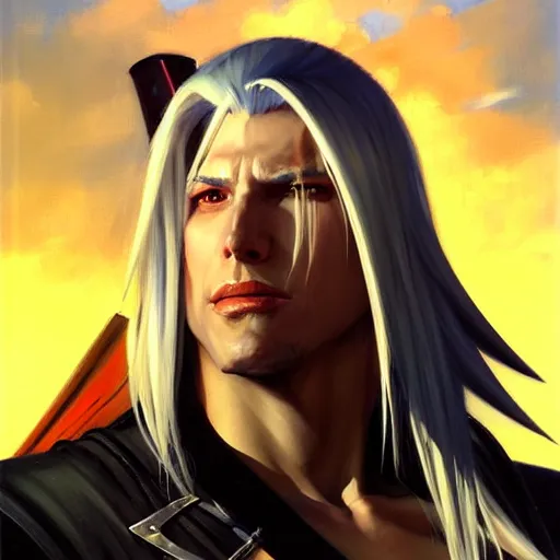 Image similar to Greg Manchess portrait painting of Sephiroth from FFVII as Overwatch character, medium shot, asymmetrical, profile picture, Organic Painting, sunny day, Matte Painting, bold shapes, hard edges, street art, trending on artstation, by Huang Guangjian and Gil Elvgren and Sachin Teng