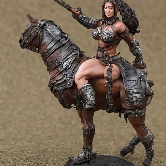 Image similar to 80mm resin detailed miniature of a Muscular Woman warrior with a Horse, Product Introduction Photos, 4K, Full body, simple background