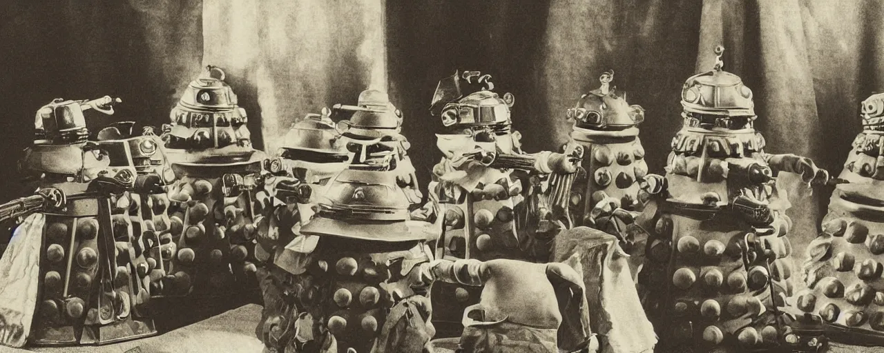 Prompt: Daleks attending a Victorian sepia photo of a tea party.