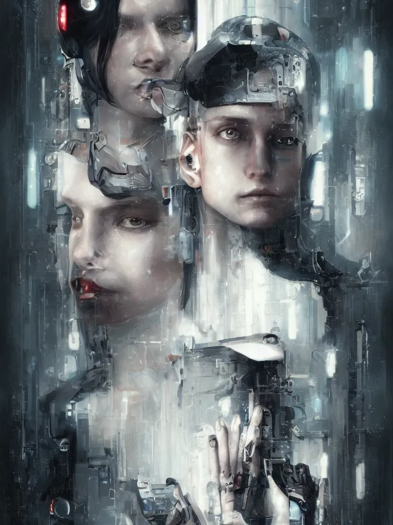 Image similar to a cyberpunk portrait of a gorgeous cyborg with hard white plastic and its milky android partner, in the movie Girl With The Dragon Tattoo, award-winning, masterpiece, in the style of Tom Bagshaw, Cedric Peyravernay, Peter Mohrbacher