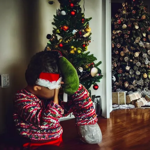 Image similar to a kid at christmas disappointed and sad looking a giant moai statue, his hands buried in his face, sitting down. | inside of a house next to a christmas tree, large opened present box next to the moai