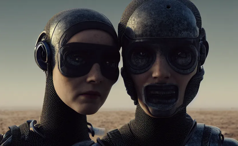 Image similar to octane render photographic portrait by helen levitt of two loving female androids wearing rugged black mesh techwear on a desolate plain, extreme closeup, modern cyberpunk, dust storm, 8 k, hd, high resolution, 3 5 mm, f / 3 2, ultra realistic faces, trending on artstation, ex machina