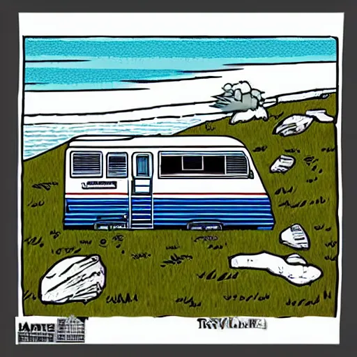 Prompt: big rv trailer on the grass by the harbor in maine, rocky coast, sailboats in the water, tiny village, white background, digital cartoon painting art, 4 colors!!! trending on artstation