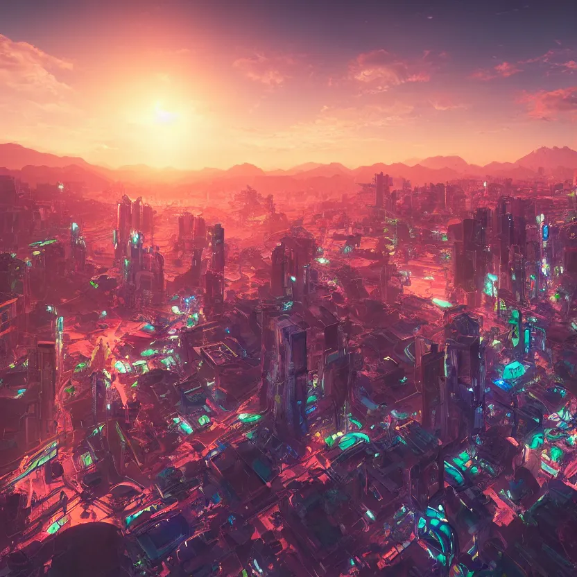 Image similar to An ultra-high resolution photograph of a colorful sci-fi fututistic city, sunrise, by Yoshitaka Amano and Alena Aenami, Trending on Artstation, nvidia, matte painting, unreal engine