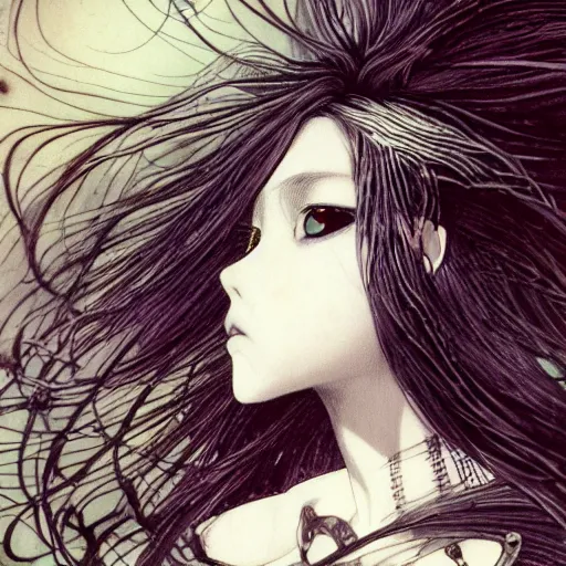 Prompt: Yoshitaka Amano realistic illustration of an anime girl with black eyes, wavy white hair fluttering in the wind and cracks on her face wearing Elden ring armour with engraving, abstract black and white patterns on the background, noisy film grain effect, highly detailed, Renaissance oil painting, weird portrait angle, blurred lost edges, three quarter view