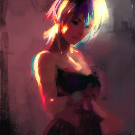 Image similar to craig mullins painting of an anime woman, direct flash photography at night