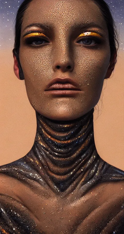 Prompt: hyperrealism oil painting, close-up portrait of cyborg fashion model, sand dunes pattern mixed with night sky, in style of classicism