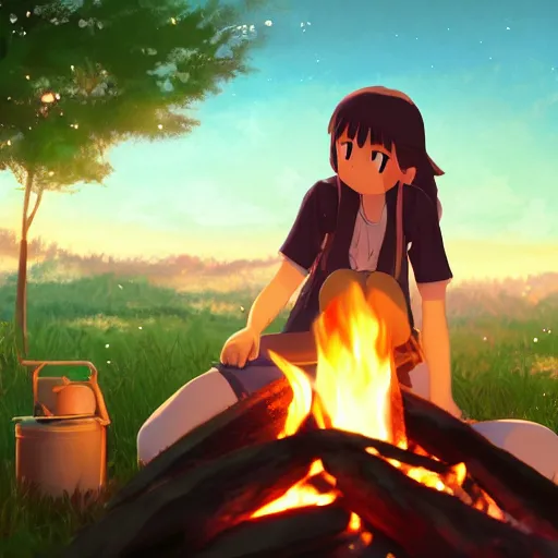 Prompt: a girl roasting a marshmallow over a campfire, warm and wholesome glow, anime scene by Makoto Shinkai, digital art, 4k