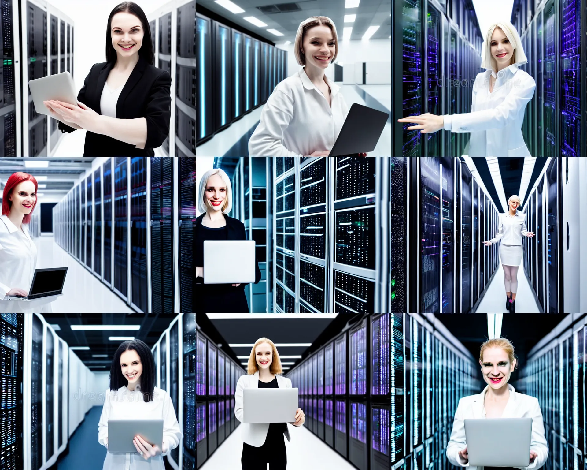 Prompt: a bland white lady on a white background. cyberpunk nightmare we are all doomed to have the same life as the istock female it specialist is standing in data center next to server racks, holding laptop and smiling to the camera.