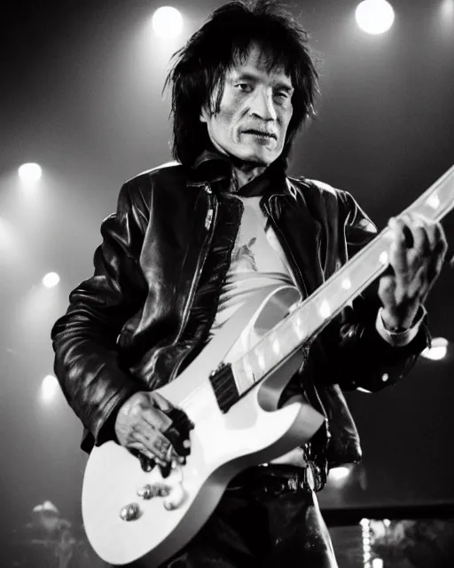 Image similar to sixty years old viktor tsoi with guitar in his hands, leather jacket, photo, microphone, rock concert, black and white, iso 6 0 0, 3 5 mm, codac gold