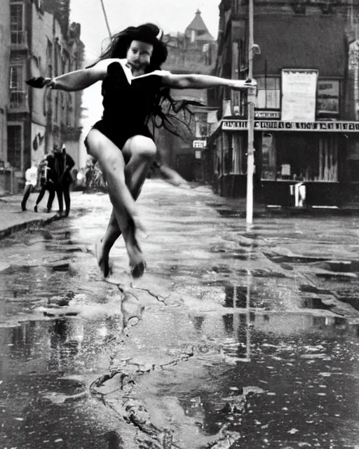 Image similar to A woman wearing a dress leaping over a large puddle in the street, the decisive moment by Henri Cartier-Bresson, photographed on a Leica camera