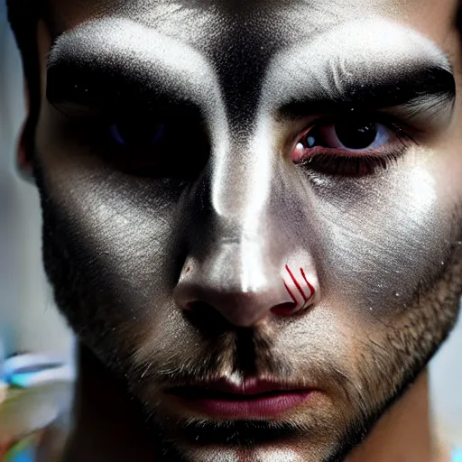 Image similar to a close up portrait of a beautiful athletic young persian male with his face covered in silver leaf , photographed by erwin olaf, artistic