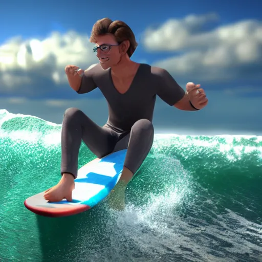 Prompt: 3 d render of nintendo switch as a human, surfboarding waves