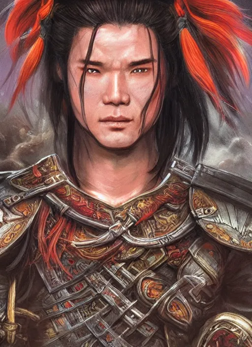 Image similar to chinese warrior hair curtains, looking down, dndbeyond, bright, colourful, realistic, dnd character portrait, full body, pathfinder, pinterest, art by ralph horsley, dnd, rpg, lotr game design fanart by concept art, behance hd, artstation, deviantart, hdr render in unreal engine 5