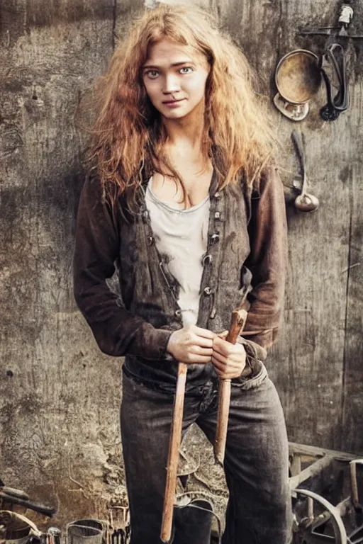 Prompt: female blacksmith, very burly. strawberry - blonde hair, many freckles. resembles natalia vodianova