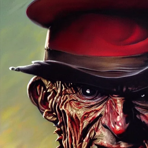 Image similar to ultra realistic portrait painting of freddy krueger, art by frank frazetta, 4 k, ultra realistic, highly detailed, epic lighting