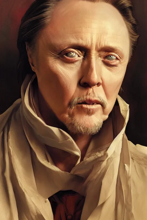Prompt: portrait of christopher walken with an eyebrow ring and goatee, masterpiece painting by artgerm and greg rutkowski and alphonse mucha