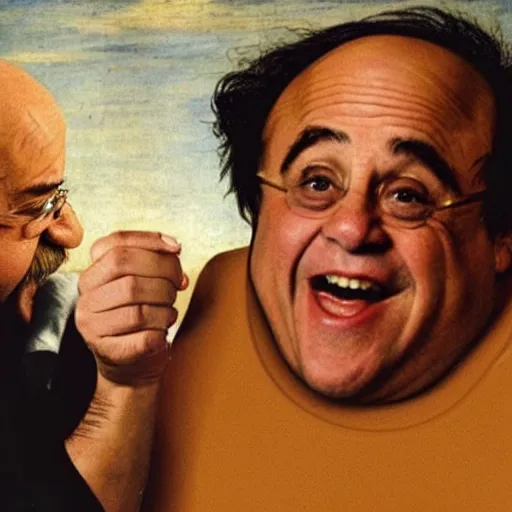 Image similar to danny devito standing next to a chair shaped like an egg, renaissance painting, masterpiece