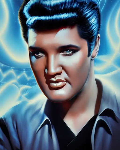 Prompt: a powerful energy elvis presley, by alexander fedosav, hyper detailed digital matte painting, concept art, hyperrealism, 1 6 k resolution, cinema 4 d, 8 k resolution, trending on artstation, behance hd, a masterpiece, by stephan martiniere, particles, power bright spotlight energy neon, by david a. hardy,