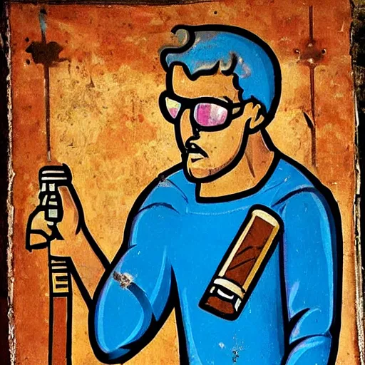 Prompt: fresco depicting Duke Nukem smoking a cigar found in a byzantine church dating back to the 14th century, sunglasses, video game character, intricate, highly detailed