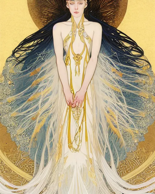 Image similar to portrait of an ethereal woman with pale hair and gold eyes wearing a flowing white and gold gown surrounded by feather motifs, ilya kuvshinov, greg rutkowski, alphonse mucha, kay nielsen, ross tran, artgerm, anime, intricate, digital painting, concept art