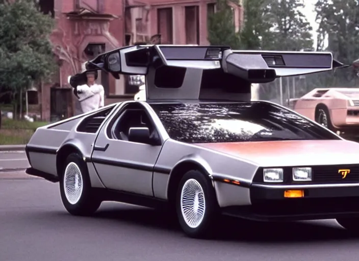 Prompt: film still of back to the future but the delorean is a lamborghini, 4 k