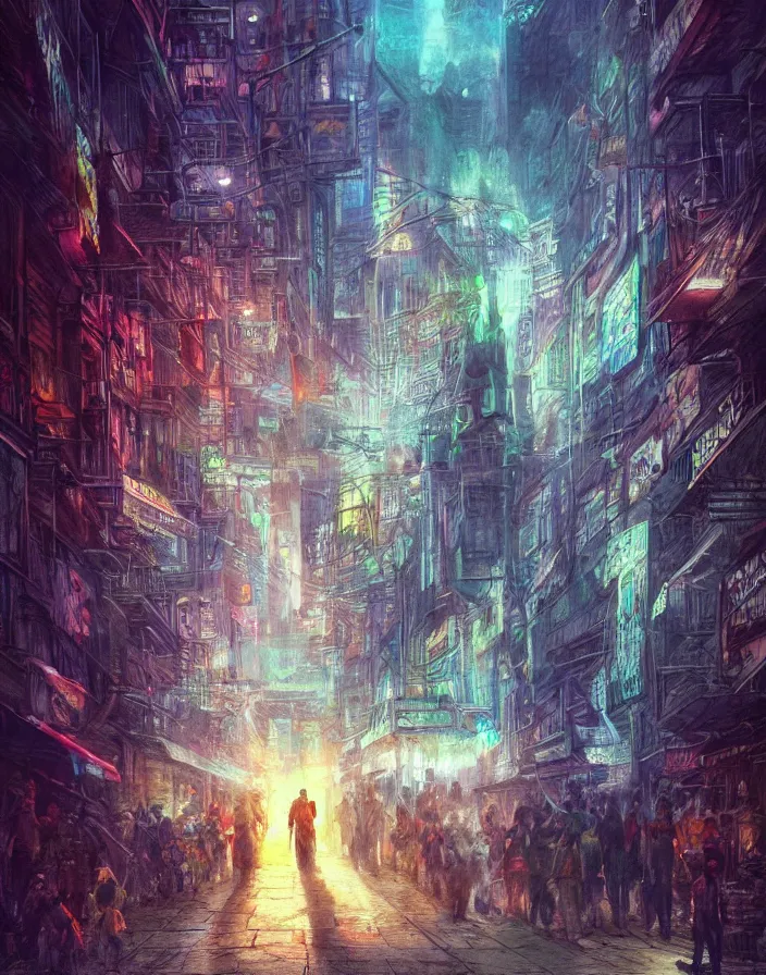 Image similar to god walking the streets of subway city, masterpiece, perfect composition, hyperrealistic, intricate oil pastel glow, dynamic lighting, photorealistic, fantasy concept art, ambient lighting, atmospheric moss, stunning visuals, creative, cinematic, ultra detailed, trending on art station