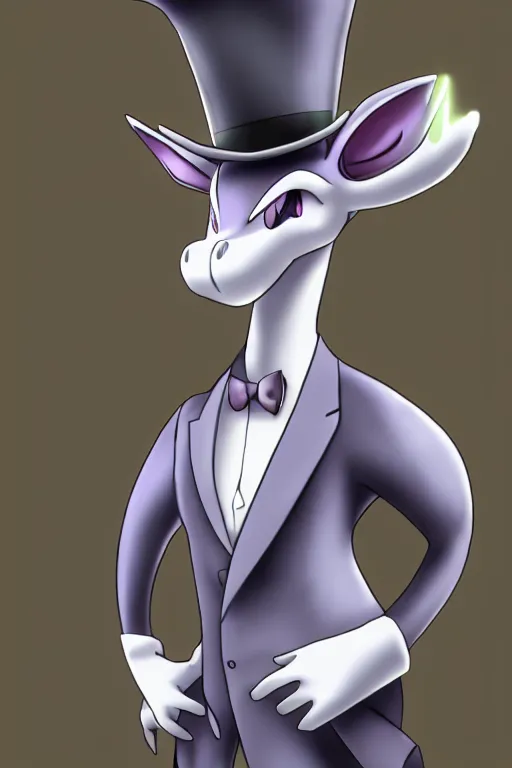 Image similar to mewtwo wearing a top hat and suit, highly detailed, digital art, sharp focus, ambient glow, trending on art station, anime art style