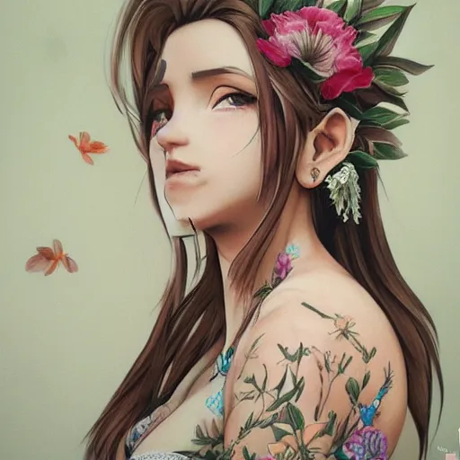 Image similar to concept art of aerith gainsborough with tattoos, amongst flowers, high quality, detailed, trending on artstartion