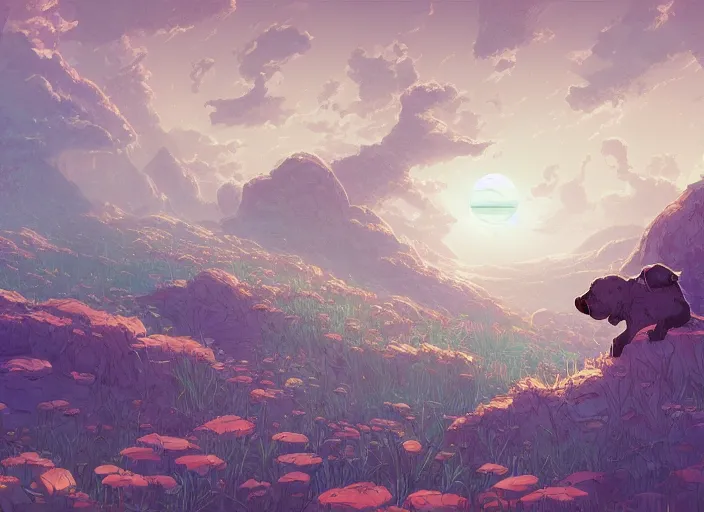 Image similar to concept art of a puppy landscape made of puppies, cel shaded, in the style of makoto shinkai and moebius and peter mohrbacher and anton fadeev