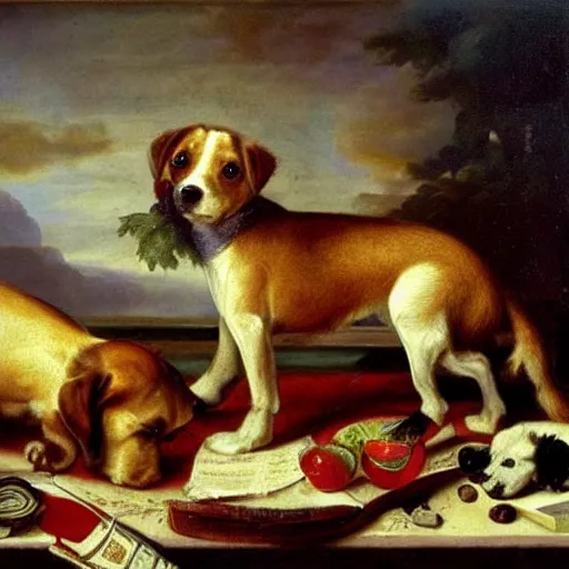 Prompt: a three course meal for dogs, baroque style painting