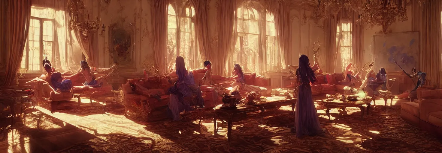 Prompt: party whores, beautiful expensive interior of a large furnished apartment, fantasy duel, high detail, very realistic, by greg rutkowski, by james gurney ultra clear detailed, digital painting by ( ( makoto shinkai ) ), moebius moebius, surrealism, trending on artstation