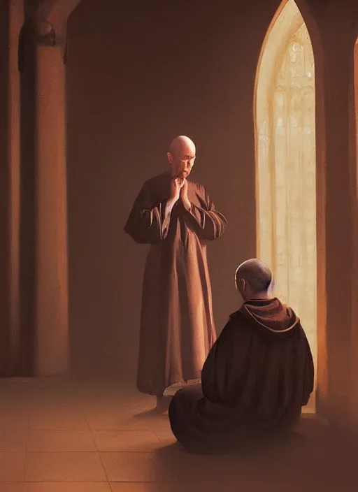 Image similar to oil painting of a weeping tonsured dominican monk in a brown habit, kneeling in a dark empty chapel, hazy, digital art, artstation, cinematic, golden hour, digital art painting by greg rutkowski, cozy atmosphere, cinematic lighting