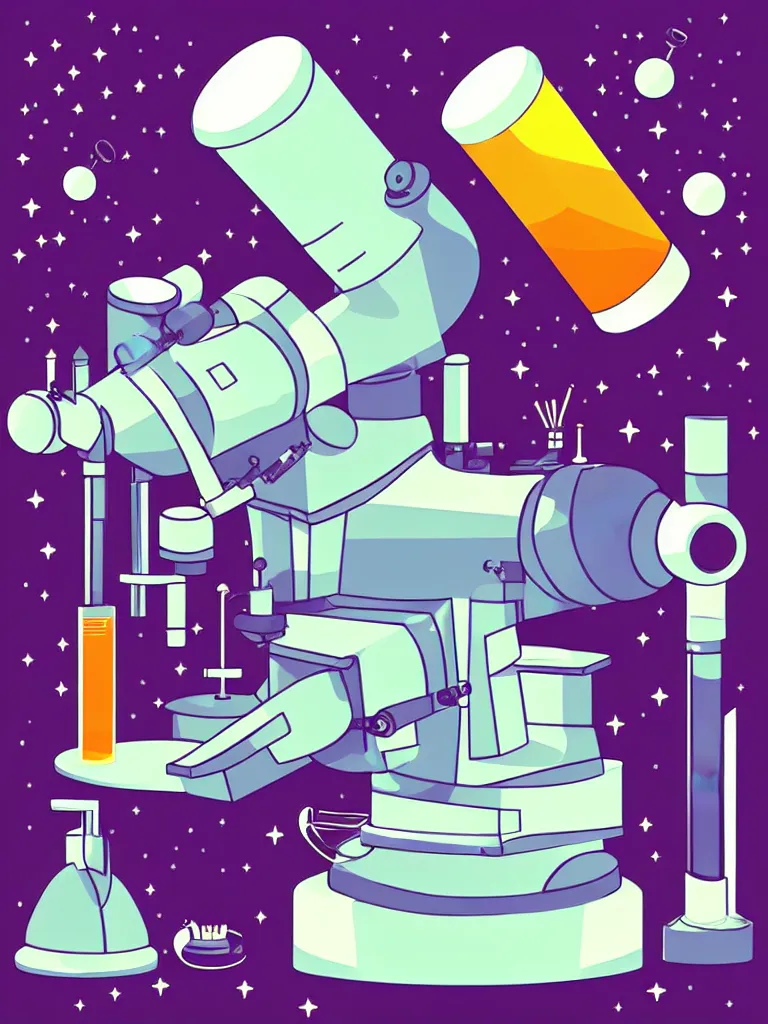 Prompt: ( ( strong dither ) ), editorial illustration scientific lab test tube telescope microscope astronaut, colorful modern, mads berg