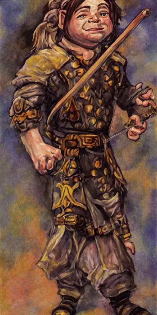 Image similar to artwork of an halfling bard in the style of everquest 1 9 9 9