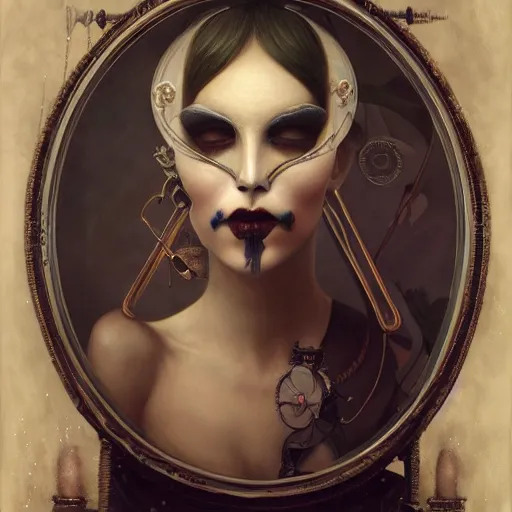 Image similar to tom bagshaw, soft painting of a curiosities carnival steampunk, blessing, porcelain beautiful young tight mask in tight top bottom dress, perfectly detailed, symmetrical accurate intricate sensual features, highly detailed, artstation, sharp focus
