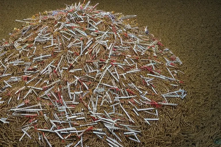 Image similar to a child made out of needles surrounded by people made of haystacks