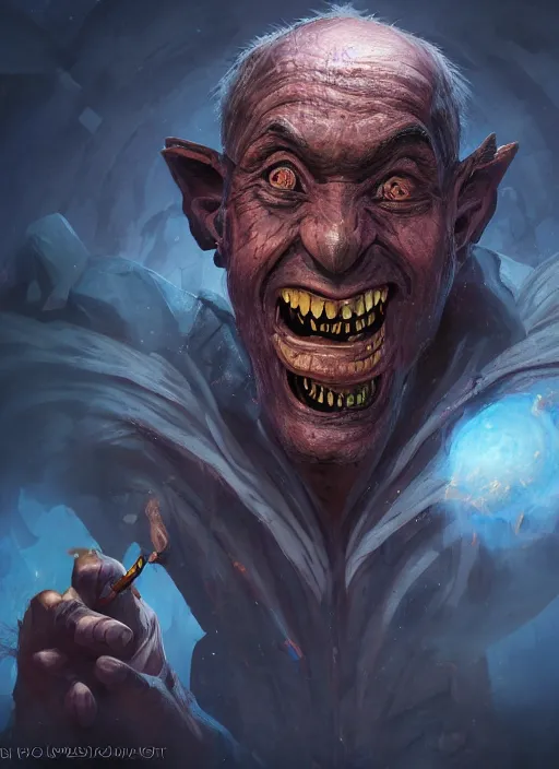 Image similar to A fantasy comic book style portrait painting of a happy and intelligent hobgoblin as a Sorcerer in a atmospheric dark fortress, unreal 5, DAZ, hyperrealistic, octane render, RPG portrait, ambient light, dynamic lighting