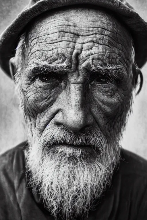 Prompt: a portrait of an old man with a solemn look and deep expression in his eyes, oil on canvas, highly detailed, strong lighting, cinematic, HD, 4K