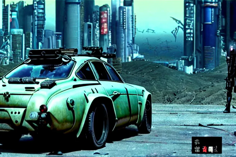 Image similar to masamune shirow movie still from ghost in the shell dieselpunk mad max alpine a 1 1 0 with guns installed